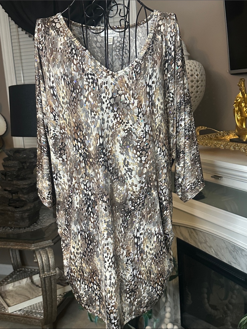 Dress Barn Mixed Neutral V-Neck Tunic Top - Cream, Brown, Gray